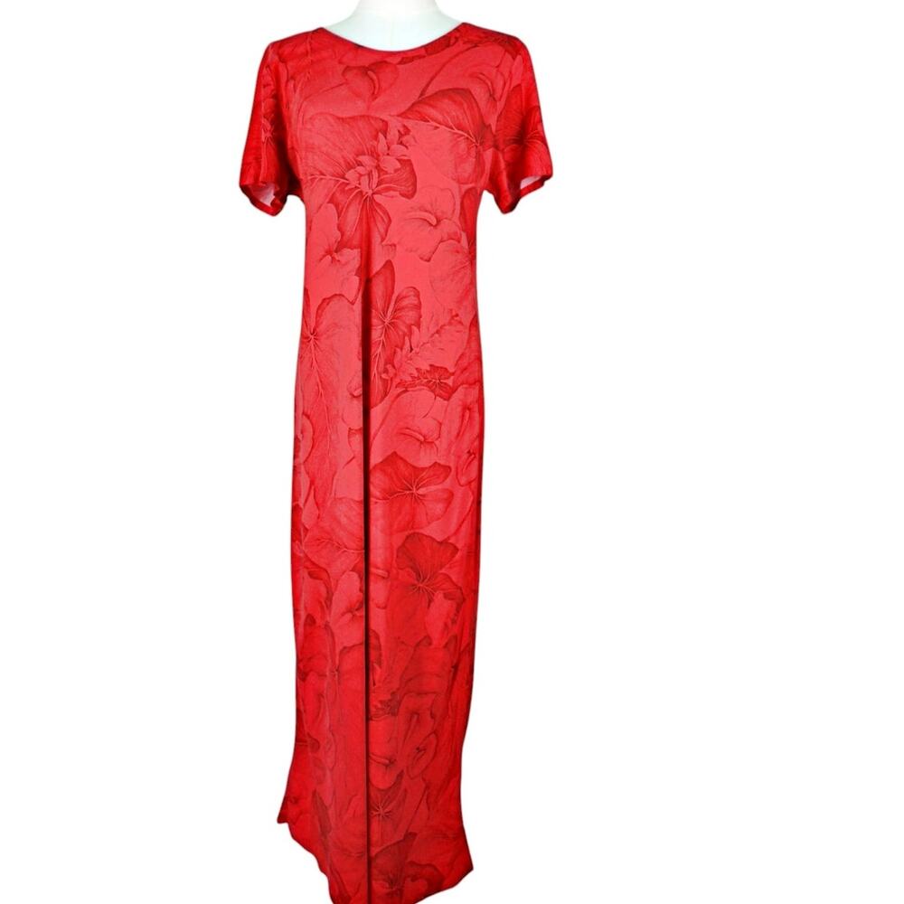 VTG Hilo Hattie Hawaiian Original Red Hibiscus SS Maxi Dress MEDIUM *FLAW*